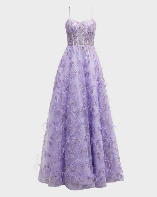 Sleeveless Sequin Feather Corset Gown